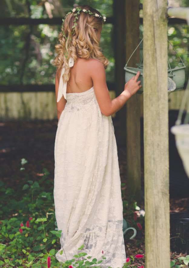 Elegant Lace Halter Neck Sweep Train A-line Flower Girl Dress with Pleated BM bride