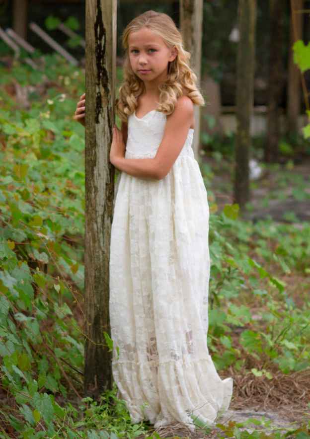 Elegant Lace Halter Neck Sweep Train A-line Flower Girl Dress with Pleated BM bride
