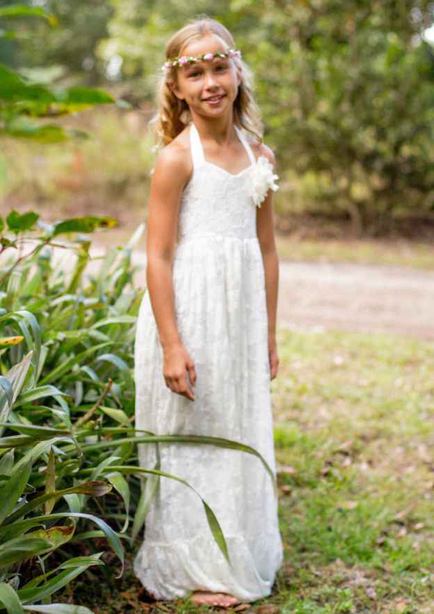 Elegant Lace Halter Neck Sweep Train A-line Flower Girl Dress with Pleated BM bride