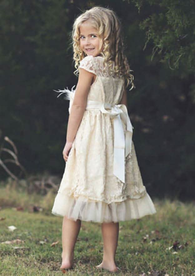 Graceful Lace Bateau Neck Knee-Length A-line Flower Girl Dress with Waistband BM bride