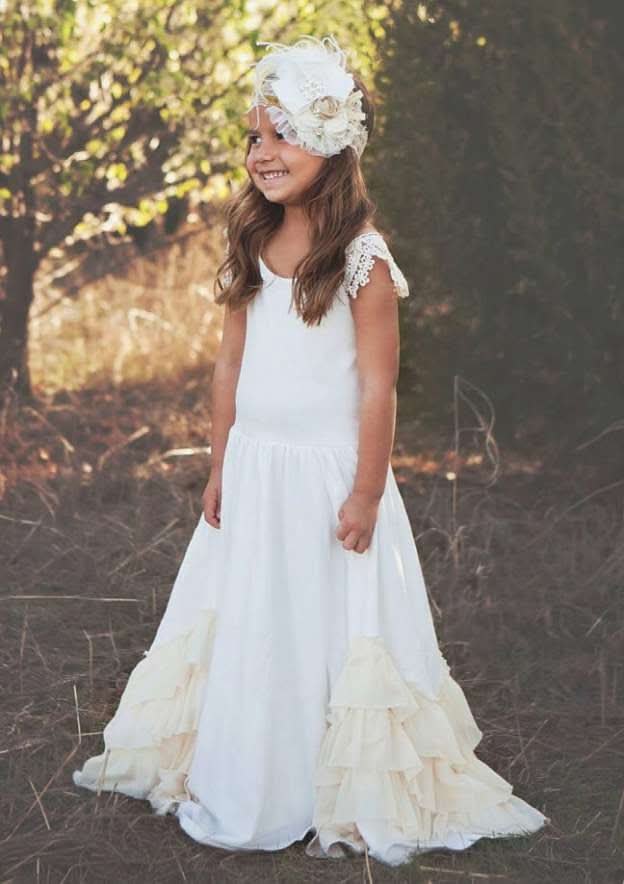 Lovely Chiffon Bateau Neck Sweep Train A-line Flower Girl Dress with Appliqued BM bride