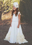 Lovely Chiffon Bateau Neck Sweep Train A-line Flower Girl Dress with Appliqued BM bride