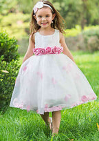 Sweet Tulle Bateau Neck Tea-Length A-line Flower Girl Dress with Waistband BM bride