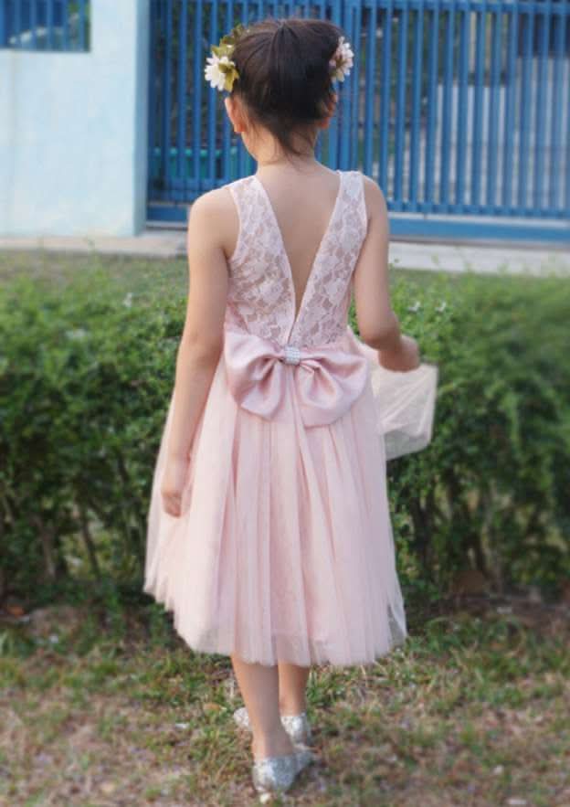 Charming Tulle Bateau Neck Tea-Length A-line Flower Girl Dress with Bowknot BM bride