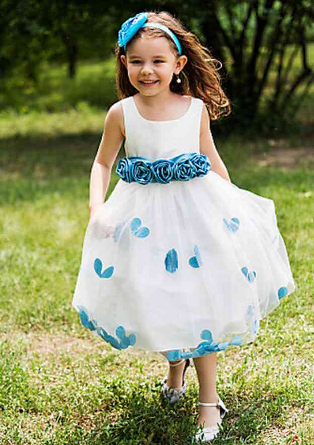 Sweet Tulle Bateau Neck Tea-Length A-line Flower Girl Dress with Waistband BM bride