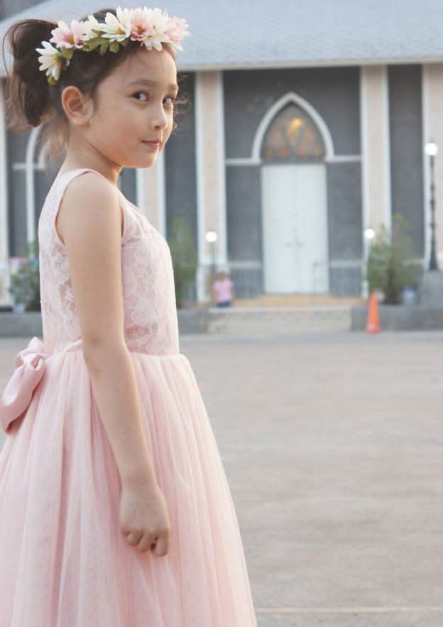 Charming Tulle Bateau Neck Tea-Length A-line Flower Girl Dress with Bowknot BM bride