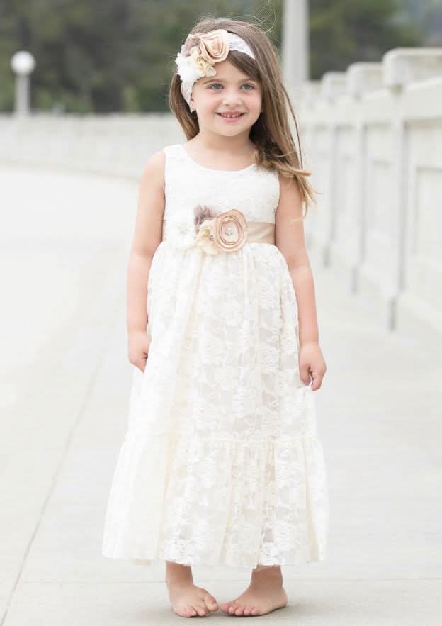 Elegant Lace Bateau Neck Ankle-Length A-line Flower Girl Dress with Waistband BM bride