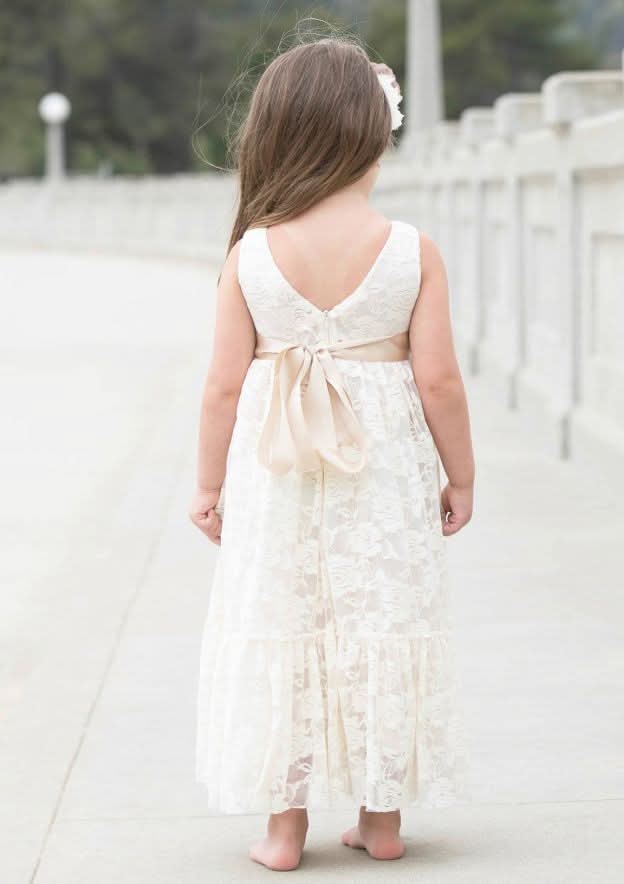 Elegant Lace Bateau Neck Ankle-Length A-line Flower Girl Dress with Waistband BM bride