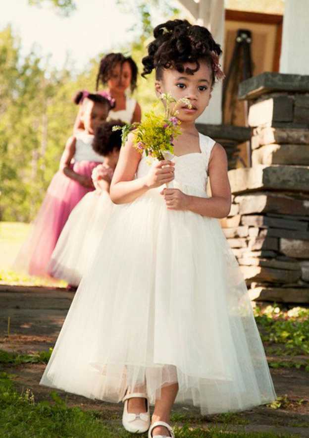 Lovely Tulle Sweetheart Neck Ankle-Length A-line Flower Girl Dress with Bowknot BM bride
