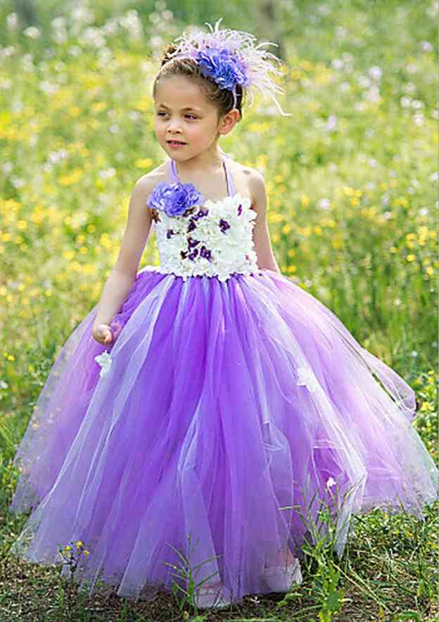 Elegant Tulle Halter Neck Floor-Length A-line Flower Girl Dress with Appliqued BM bride
