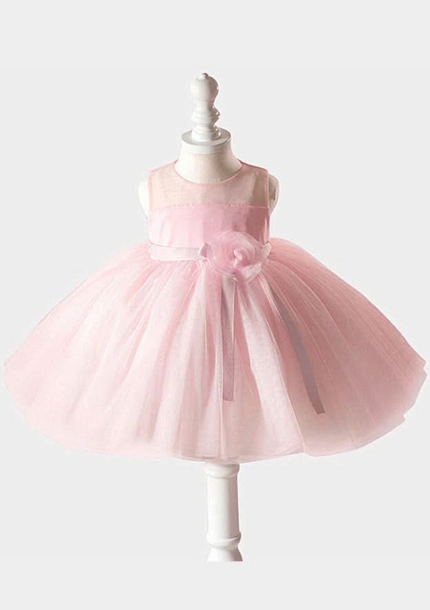 Stylish Tulle Bateau Neck Tea-Length A-line Flower Girl Dress with Waistband BM bride