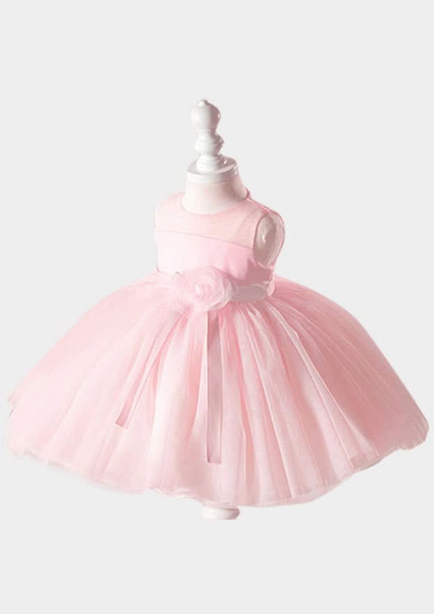 Stylish Tulle Bateau Neck Tea-Length A-line Flower Girl Dress with Waistband BM bride