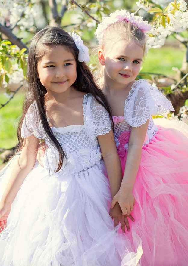 Graceful Tulle Square Neckline Ankle-Length A-line Flower Girl Dress with Appliqued BM bride