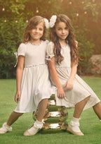 Sweet Jersey Bateau Neck Knee-Length A-line Flower Girl Dress with Pleated BM bride