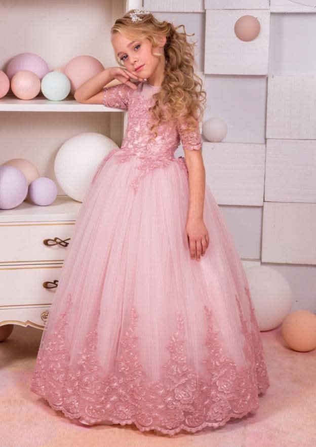 Graceful Lace Bateau Neck Floor-Length A-line Flower Girl Dress with Appliqued BM bride