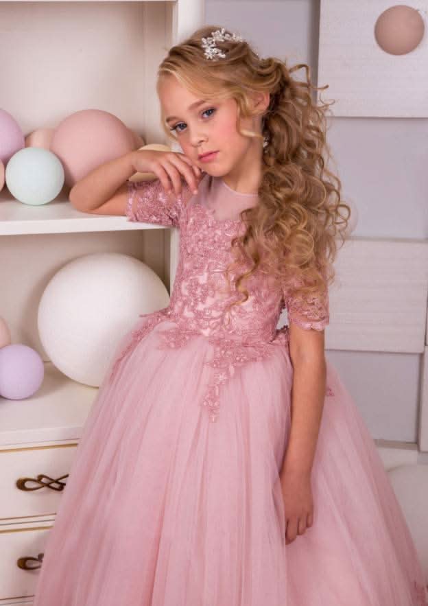 Graceful Lace Bateau Neck Floor-Length A-line Flower Girl Dress with Appliqued BM bride