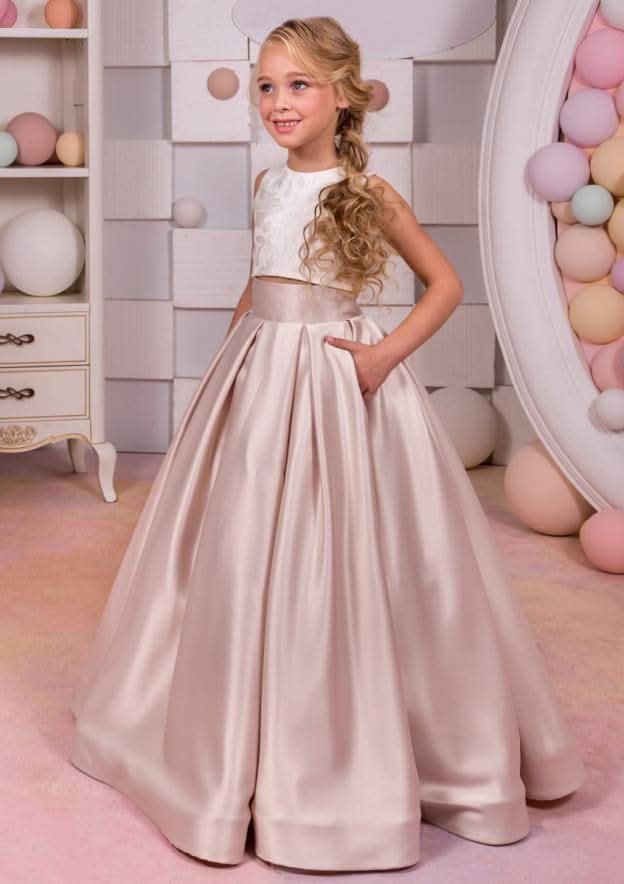 Lovely Satin Bateau Neck Floor-Length A-line Flower Girl Dress with Lace BM bride