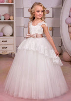 Elegant Tulle Square Neckline Floor-Length A-line Flower Girl Dress with Waistband BM bride