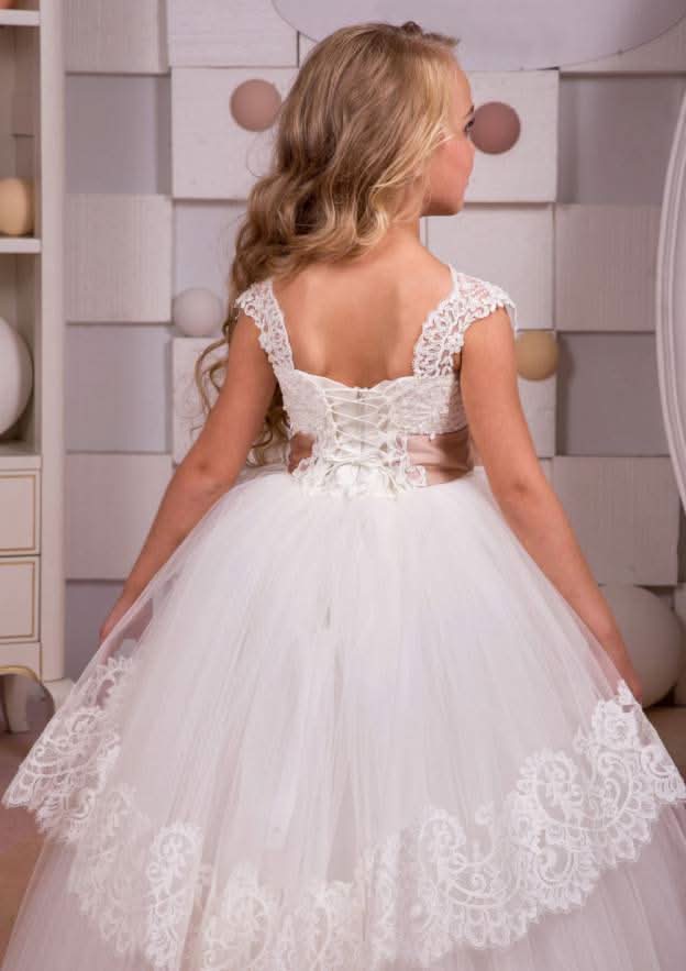 Elegant Tulle Square Neckline Floor-Length A-line Flower Girl Dress with Waistband BM bride
