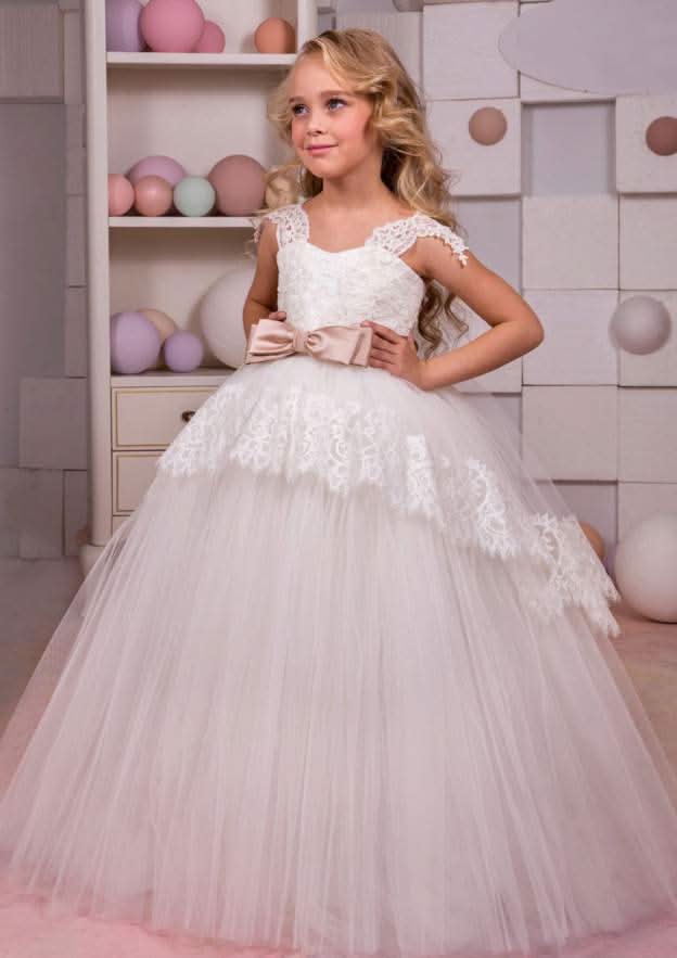 Elegant Tulle Square Neckline Floor-Length A-line Flower Girl Dress with Waistband BM bride