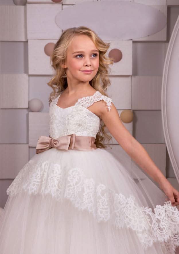 Elegant Tulle Square Neckline Floor-Length A-line Flower Girl Dress with Waistband BM bride
