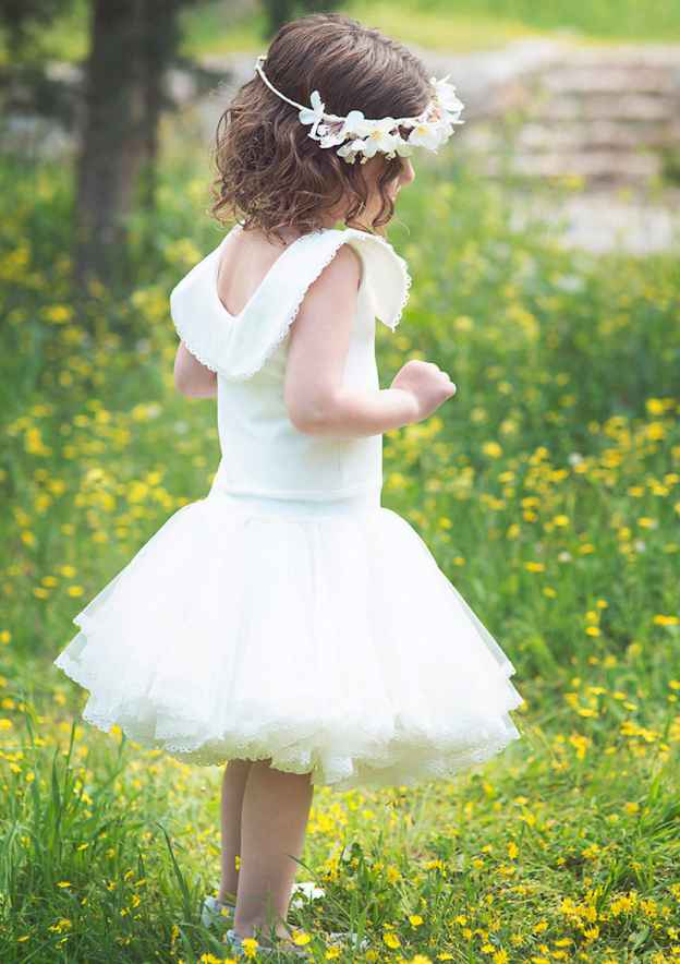Elegant Lace Bateau Neck Knee-Length A-line Flower Girl Dress with Appliqued BM bride