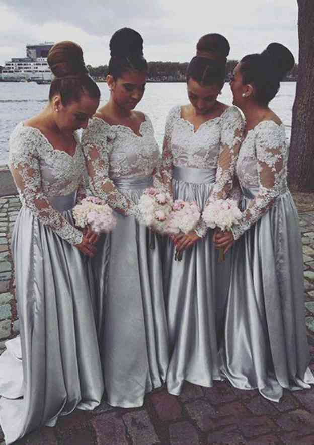 A-Line/Princess Elastic Satin Bridesmaid Dress, Sweetheart Neck, Sweep Train, With Lace BM bride