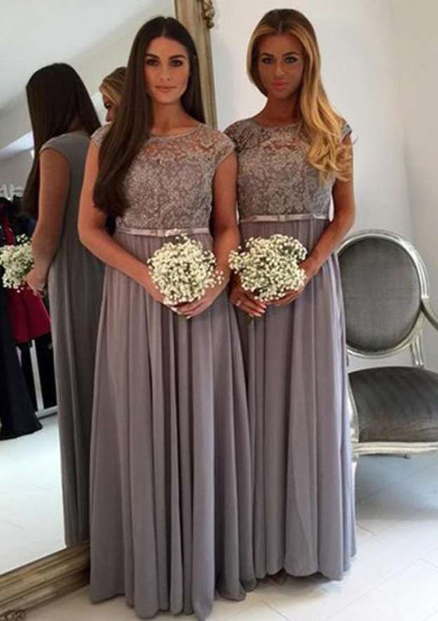 Floor-Length Chiffon Bridesmaid Dress, A-Line/Princess Cut, Bateau Neck, With Appliqued BM bride