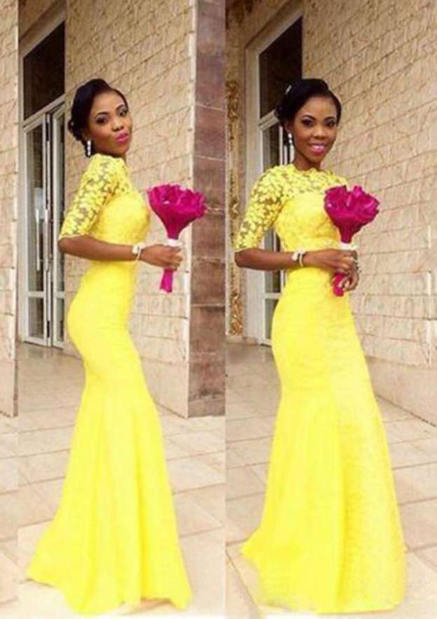 Lace Bridesmaid Dress, Sheath/Column Shape, Bateau Neck, Sweep Train BM bride