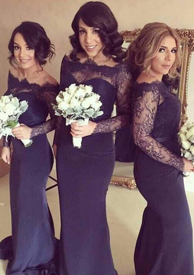 Sweep Train Elastic Satin Bridesmaid Dress, Sheath/Column Shape, Off-The-Shoulder, With Lace BM bride