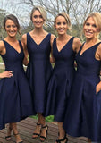 Tea-Length Satin Bridesmaid Dress, A-Line/Princess Shape, V-Neck, Sleeveless BM bride