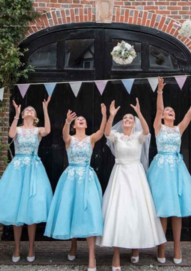 Tea-Length Organza Bridesmaid Dress, A-Line/Princess Shape, Bateau Neck, With Appliqued BM bride