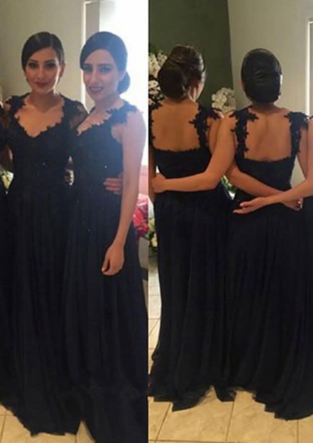 V-Neck Sweep Train Chiffon Bridesmaid Dress, A-Line/Princess Style, With Crystal Detailing BM bride