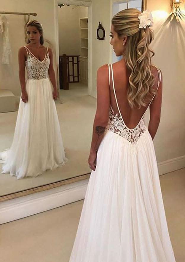 Lace A-Line/Princess V-Neck Sleeveless Wedding Dress with Sweep Train in Chiffon BM bride