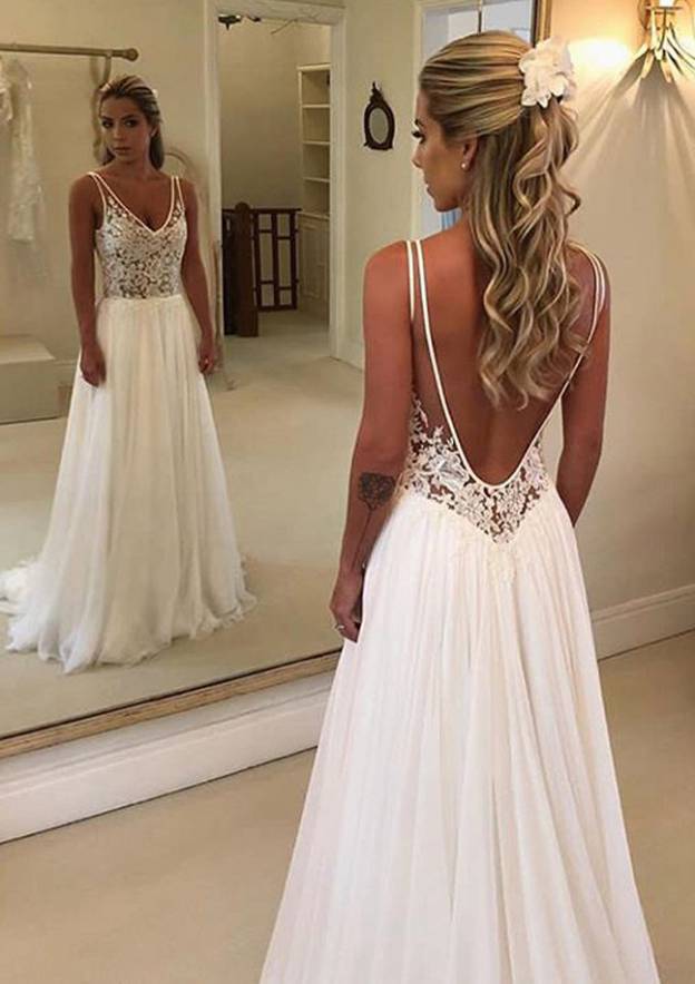 Lace A-Line/Princess V-Neck Sleeveless Wedding Dress with Sweep Train in Chiffon BM bride