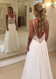 Lace A-Line/Princess V-Neck Sleeveless Wedding Dress with Sweep Train in Chiffon BM bride