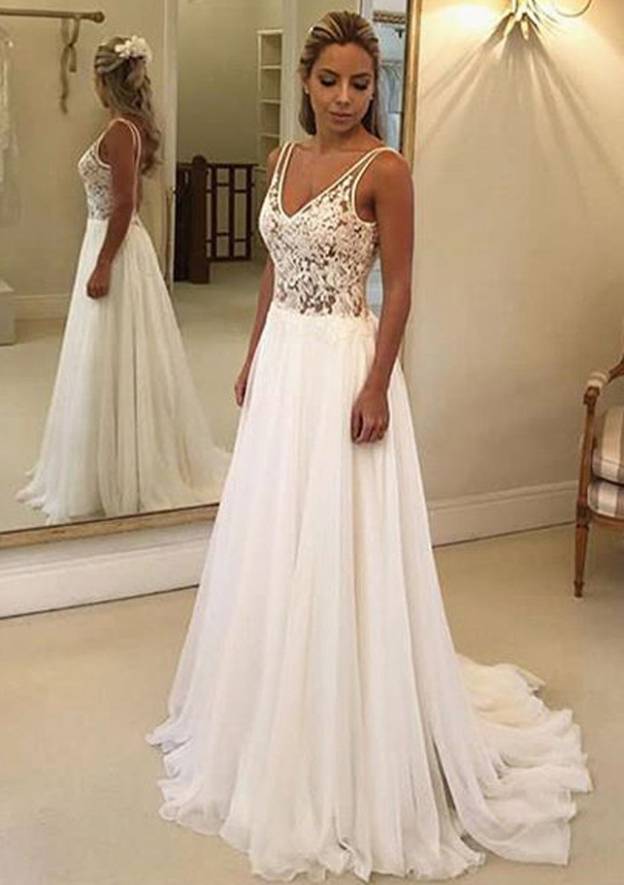 Lace A-Line/Princess V-Neck Sleeveless Wedding Dress with Sweep Train in Chiffon BM bride