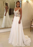 Lace A-Line/Princess V-Neck Sleeveless Wedding Dress with Sweep Train in Chiffon BM bride