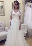 Appliqued A-Line/Princess with Bateau Neckline and Half Sleeves, Featuring a Court Train in Tulle BM bride