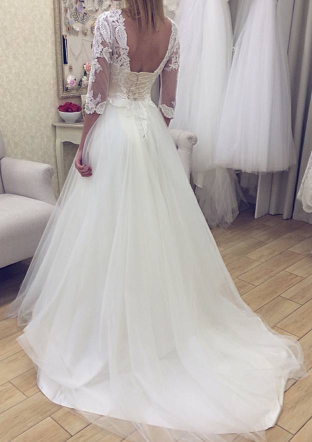 Appliqued A-Line/Princess with Bateau Neckline and Half Sleeves, Featuring a Court Train in Tulle BM bride
