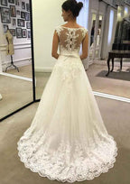 Sleeveless Court Train Tulle Wedding Dress with Applique Hem, A-Line/Princess Bateau BM bride