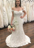 Lace Appliqued Sheath/Column with Off-the-Shoulder Sleeveless Design and Court Train BM bride