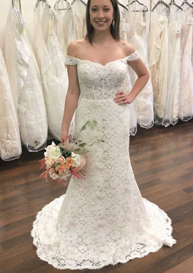 Lace Appliqued Sheath/Column with Off-the-Shoulder Sleeveless Design and Court Train BM bride