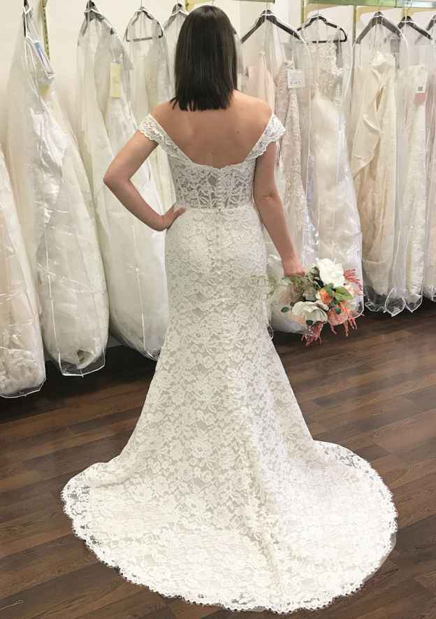 Lace Appliqued Sheath/Column with Off-the-Shoulder Sleeveless Design and Court Train BM bride