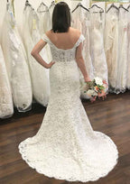 Lace Appliqued Sheath/Column with Off-the-Shoulder Sleeveless Design and Court Train BM bride