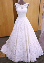 Appliqued Lace A-Line/Princess with Scalloped Neckline, Sleeveless Design, and Court Train BM bride
