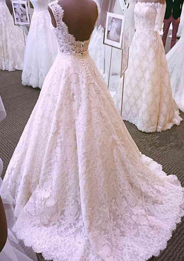 Appliqued Lace A-Line/Princess with Scalloped Neckline, Sleeveless Design, and Court Train BM bride
