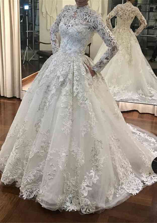 Appliqued Sheath/Column Wedding Dress with High Neckline, Full Long Sleeves, and Court Train in Tulle BM bride