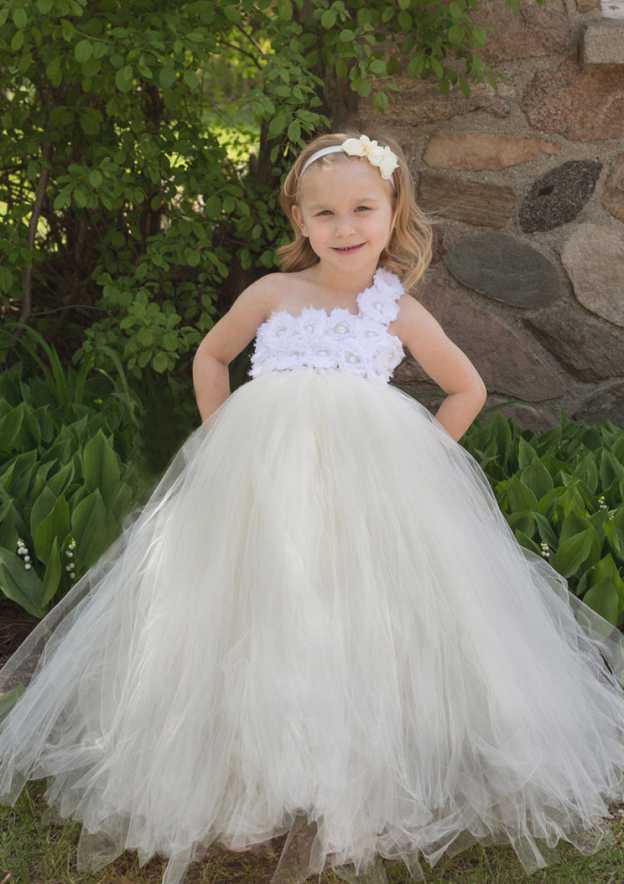 Graceful Sleeveless One-Shoulder Floor-Length Tulle A-line Flower Girl Dress with Appliqued BM bride