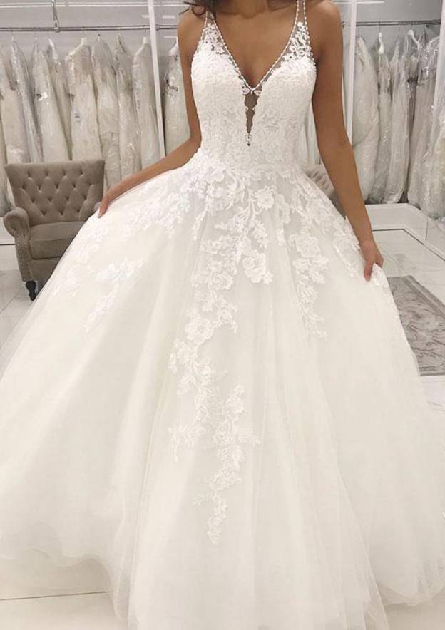 Chic A-Line/Princess V-Neck Sleeveless Long Tulle Wedding Dress with Stunning Applique Details BM bride